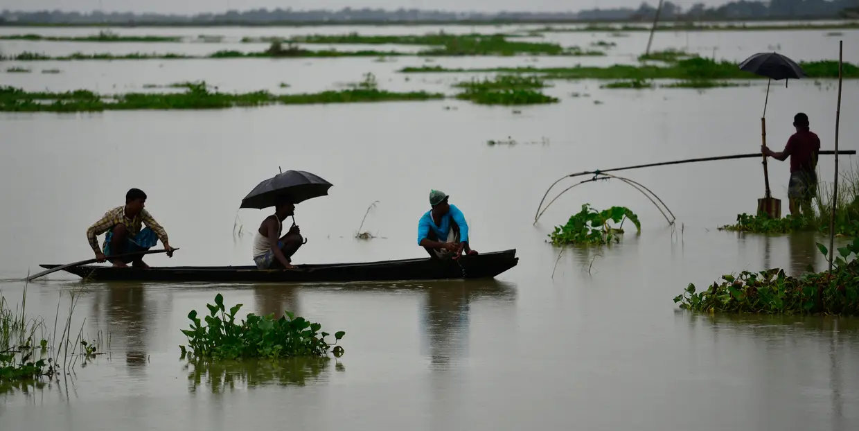 Locais atravessam de barco uma plantação inundada pelas monções, Assam, Índia.
