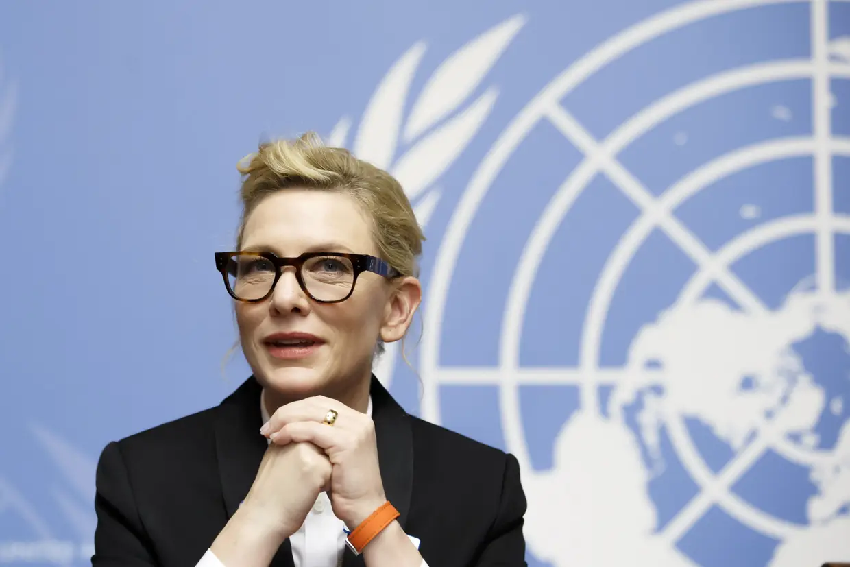 A atriz australiana e embaixadora do Alto Comissariado das Nações Unidas para os Refugiados, Cate Blanchett, durante uma conferência de imprensa em Genebra, Suíça.