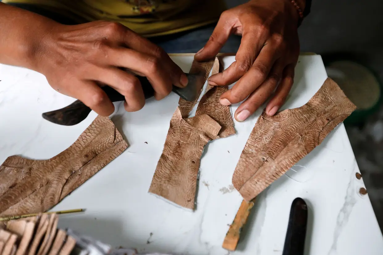Um trabalhador faz um sapato com a pele de pés de galinha, Badung, Indonésia.