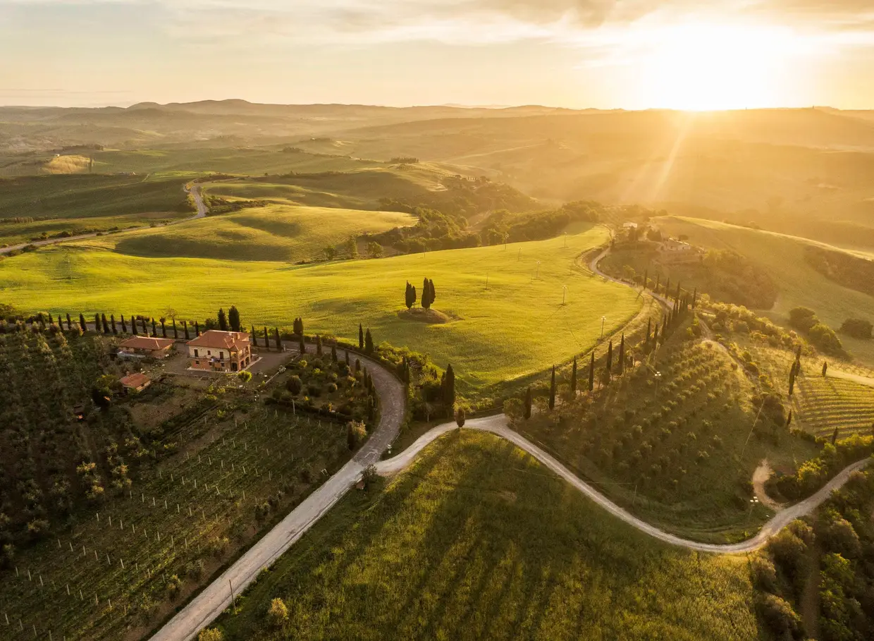 Vista aérea da região de Valdorcia, na Toscana, Itália