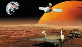 Ilustração da sonda orbital Tianwen-1 e do robô teleguiado