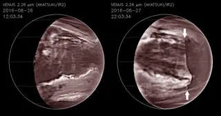 Padrões de disrupção das nuvens vistos em infravermelho obtidas pela sonda da agência espacial japonesa JAXA, a Akatsuki, em 2016.