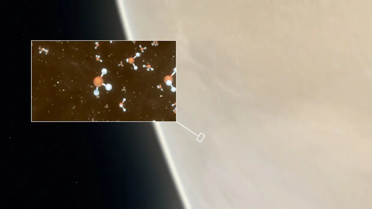 Representação de moléculas de fosfina, indicadora da existência de vida, detetadas na atmosfera de Vénus.