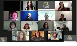 Sara Pinto (jornalista da SIC Notícias) moderou o debate que contou com (de cima para baixo, da esquerda para a direita): Catarina Sousa Guerreiro, Pedro Saint-Maurice, André Dourado, Sandra Elói, Eunice Silva, Leonor Beleza, Susana Pedro, Sónia Monteiro, Maria João Cardoso, Luzia Travado, Cláudia Carvalho e Laurinda Simões