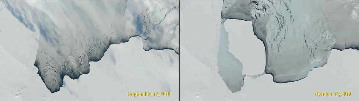 Um icebergue gigante desprende-se da plataforma de gelo de Amery na Antártica. 12 de setembro de 2019 - 14 de outubro de 2019