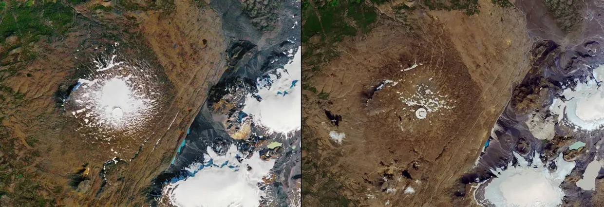 Glaciar Okjökull na Islândia derrete. 14 de setembro de 1986 - 1 de agosto de 2019