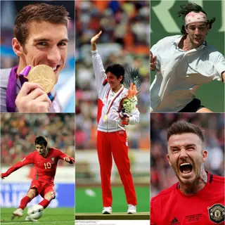 Atletas asmáticos Michael Phelps (canto superior esquerdo), Deco (canto inferior esquerdo), Nuno Marques (canto superior direito), David Beckham (canto inferior diteiro) e Rosa Mota (centro).