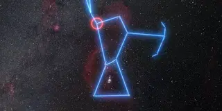 Esta imagem mostra a localização da estrela supergigante vermelha Betelgeuse na constelação de Orion. Betelgeuse pode ser facilmente vista no céu sem a ajuda de um telescópio como o ombro direito de Orion, tal como está marcado neste diagrama.