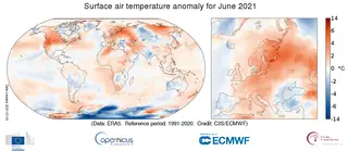 Temperatura do ar na superfície para junho de 2021 em relação à média de junho para o período de 1991-2020.