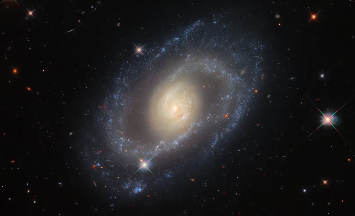 Esta imagem do telescópio espacial Hubble da NASA / ESA mostra a galáxia espiral Mrk 1337, que está a cerca de 120 milhões de anos-luz de distância da Terra, na constelação de Virgem. A Wide Field Camera 3 do Hubble captou Mrk 1337 numa ampla faixa de comprimentos de onda ultravioleta e infravermelhos, produzindo esta imagem ricamente detalhada. Mrk 1337 é uma galáxia espiral barrada, os braços espirais irradiam de uma barra central de gás e estrelas. As barras ocorrem em cerca de metade das galáxias espirais, incluindo nossa própria galáxia, a Via Láctea.