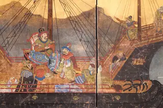 Detalhe de um biombo de duas folhas, com a representação dos 'Bárbaros do Sul', os Namban-jin (século XVII-XVIII?)
