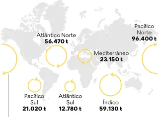 O lixo que entra no giro, o enorme sistema de circulação de água em movimentos circulares, resultante de sistemas de correntes, acaba por acumular-se lentamente no centro do giro, onde as velocidades das correntes são menores