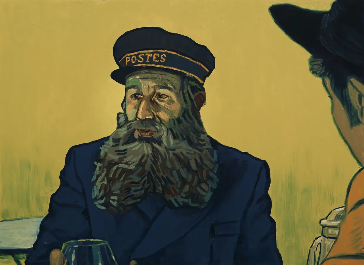 Joseph Roulin interpretado pelo ator Chris O'Dowd, apresenta uma semelhança quase total com a figura pintada por Vincent Van Gogh