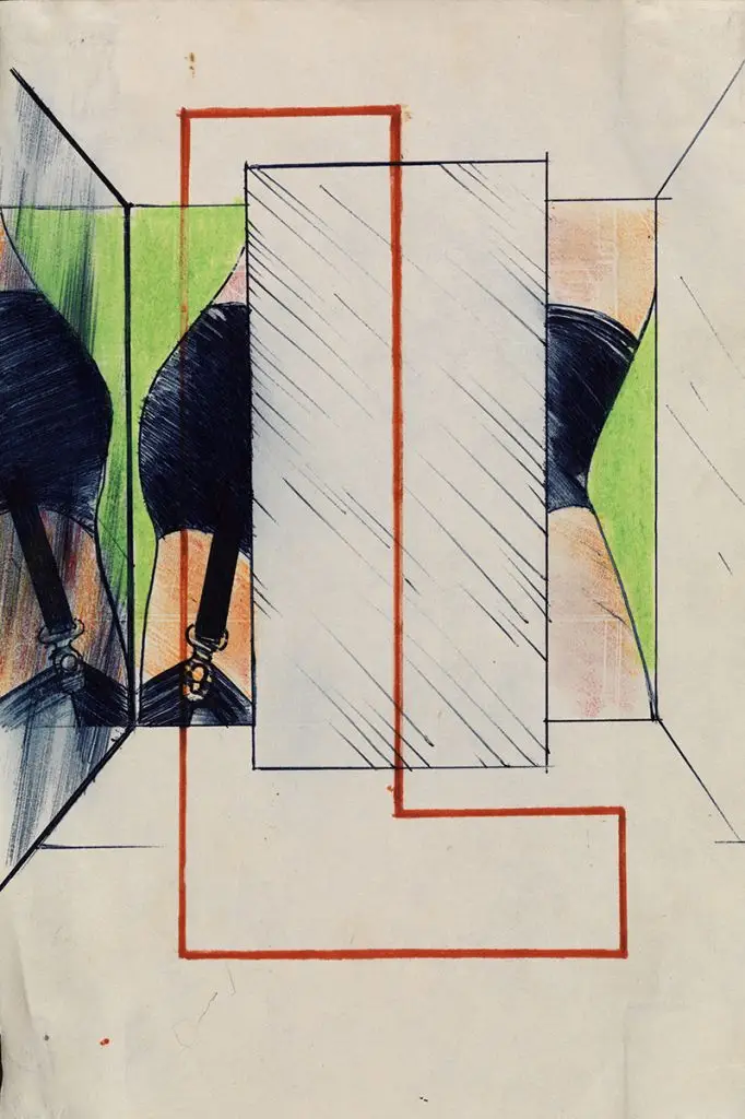 Allen Jones (1937)«Desenhar por Amor 2», 1967. Caneta, lápis de cor e lápis de cera sobre papel, 21,9 x 15,6 cm. Coleção Arts Council, Londres, nº ACC4/1971