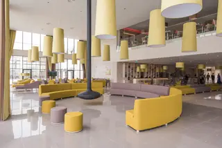 Um dos elementos em destaque no lobby do hotel é a salamandra suspensa. Nesta zona encontram-se ainda várias áreas de descanso com sofás e chaise longues e uma mesa de snooker