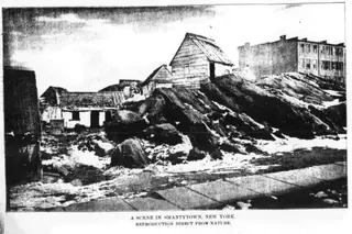 A Scene in Shantytown, New York. a prikmeira fotografia a ser publicada num jornal, o Daily Graphic, em 1880