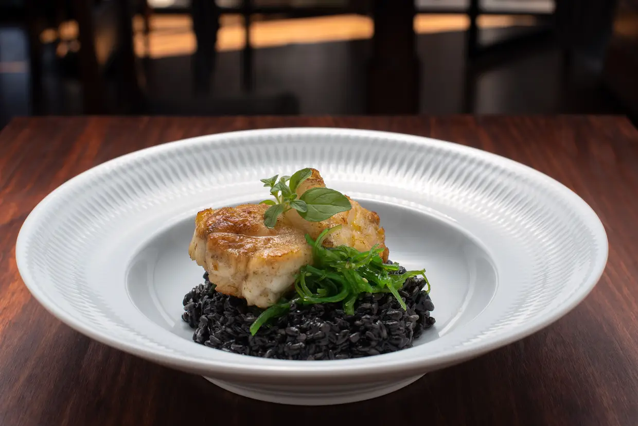 Ossobuco de tamboril sobre algas marinhas e risotto nero com poejo