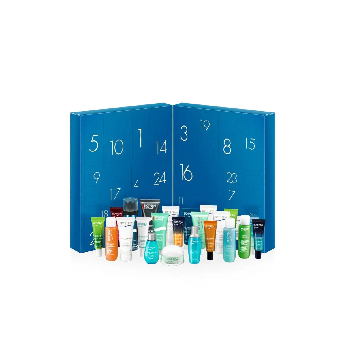 Nas janelas desta caixa azul estão produtos icónicos de cuidados de rosto e corpo, Biotherm, €68,60