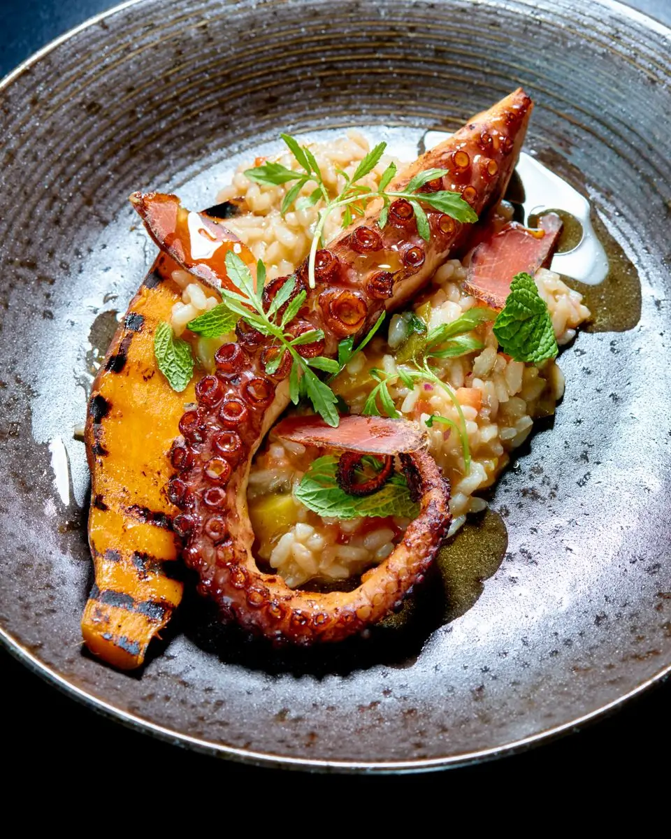 Polvo grelhado com arroz de batata, pimentos e hortelã