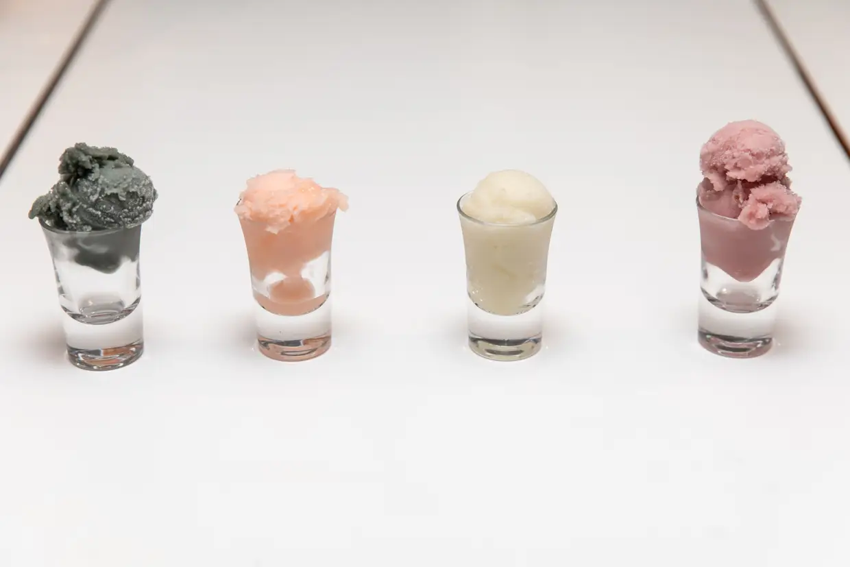 Quarteto de Shots com gelados alcoólicos: vodka preta, spritz, mojito e ginja