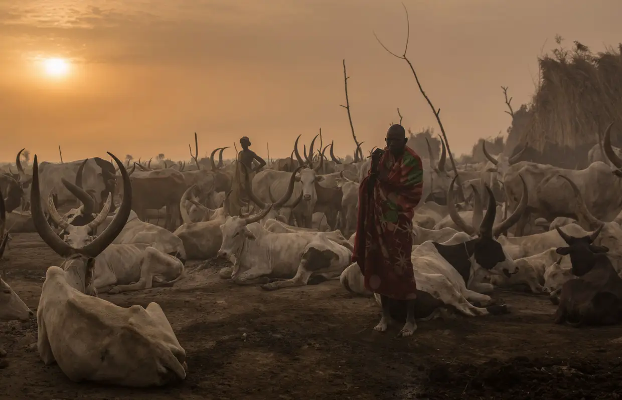 Um homem sudanês da tribo Dinka, de madrugada, no seu acampamento de gado em Mingkaman, Estado dos Lagos, Sudão do Sul, em 3 de março de 2018