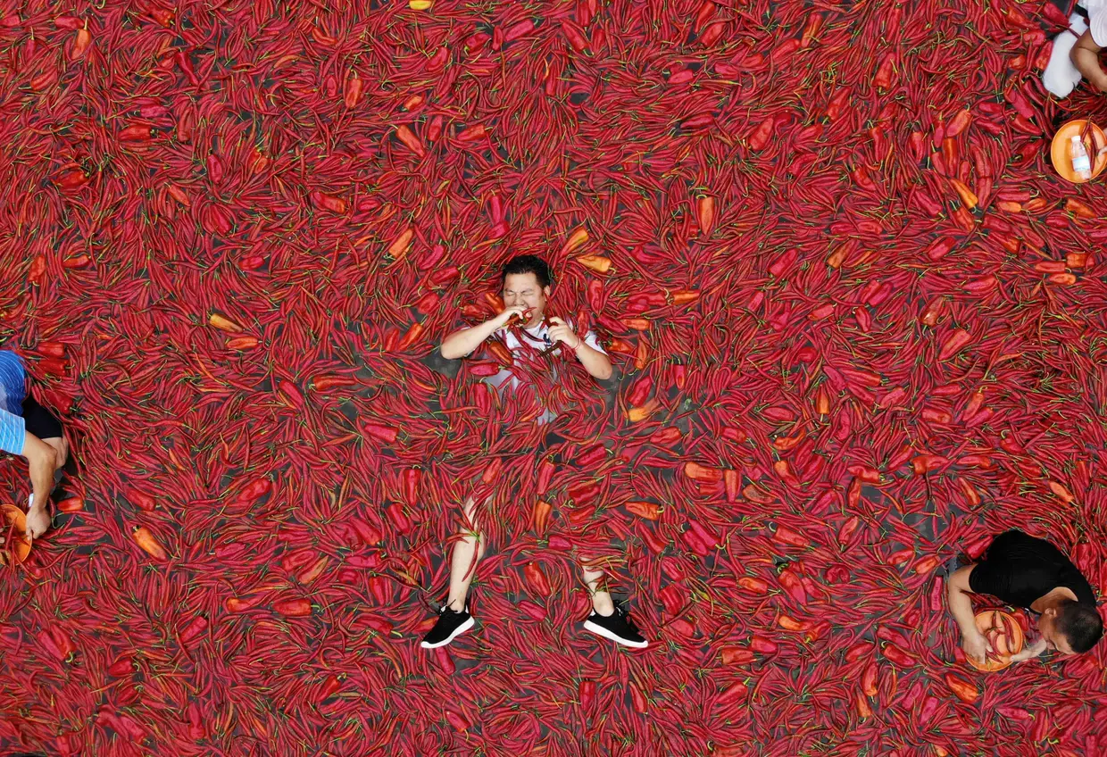 Esta foto tirada em 8 de julho de 2018 mostra um concorrente participando de uma competição de comer malaguetas em Ningxiang, na província central de Hunan, na China. O vencedor do concurso comeu 50 malaguetas num minuto
