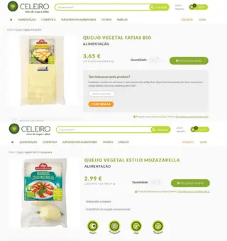 Estes dois produtos, também à venda no site da loja Celeiro, não podem utilizar a designação queijo, são de origem vegetal