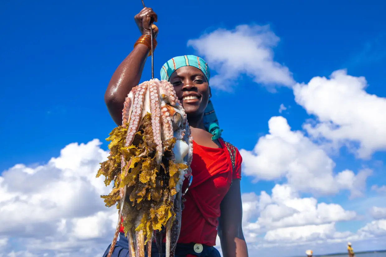 Sofia vive na Ilha do Ibo e pesca polvo desde os 8 anos, uma arte que aprendeu com a avó. A veda temporária do polvo foi instituída no âmbito de um programa local implementado em coordenação com o World Wildlife Fund (WWF) para garantir a conservação da biodiversidade marinha e costeira. Arquipélago das Quirimbas, Moçambique