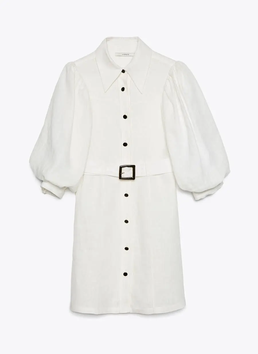 Vestido de linho com manga abalonada, Uterqüe, €119