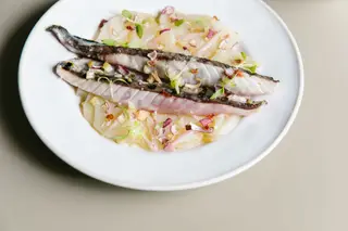Cavala com salada de batata, cebola e pimentos desidratados