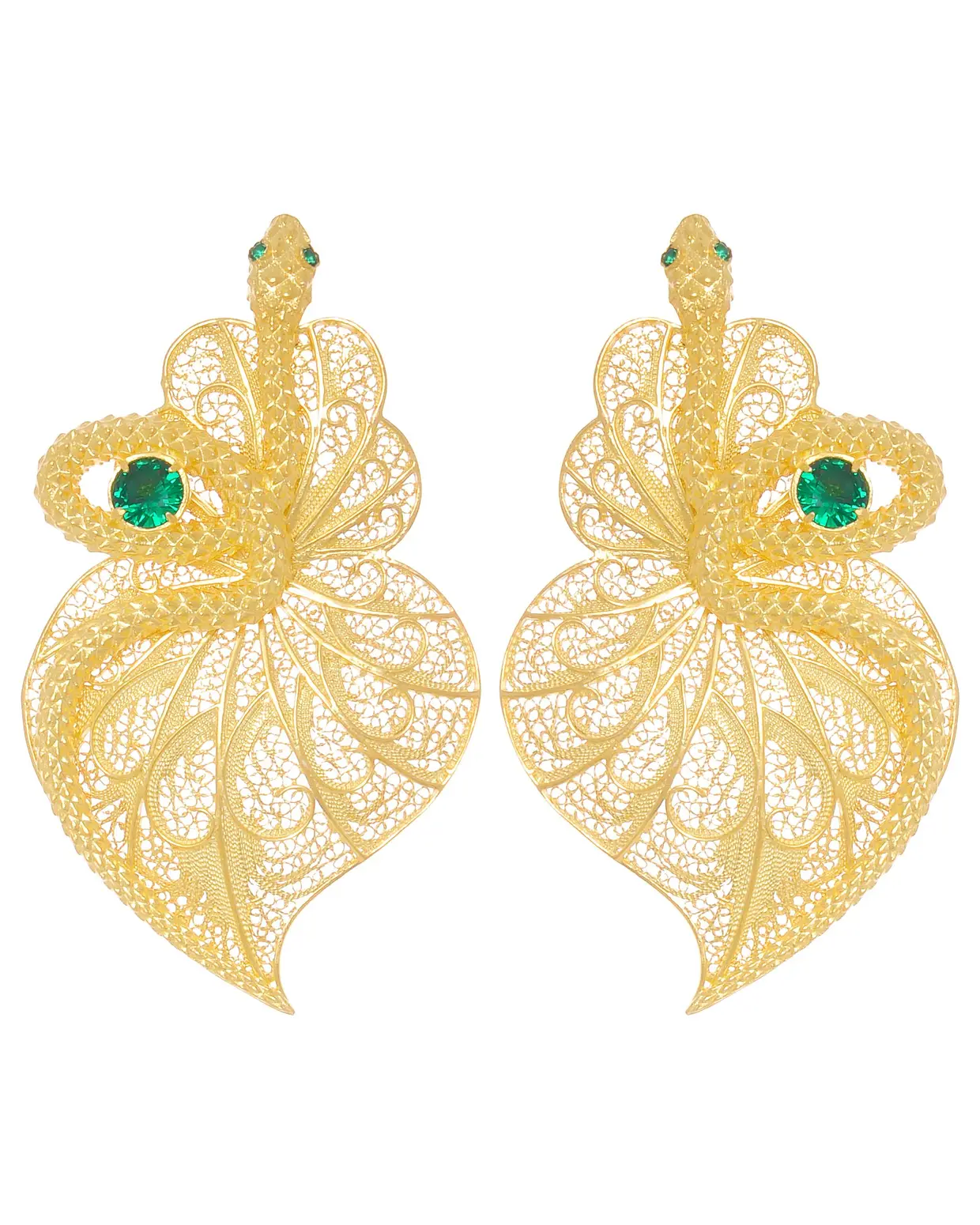 Brincos Coração Cobra (esmeralda em prata dourada), €330