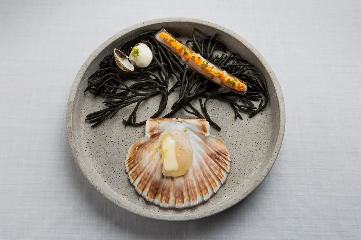 A dupla de bivalves, com navalheira e vieiras marinadas em água do mar, acompanha com caldo de cozido galego