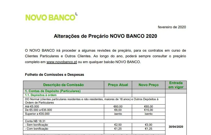 Novo Banco aumenta comissões bancárias em Abril