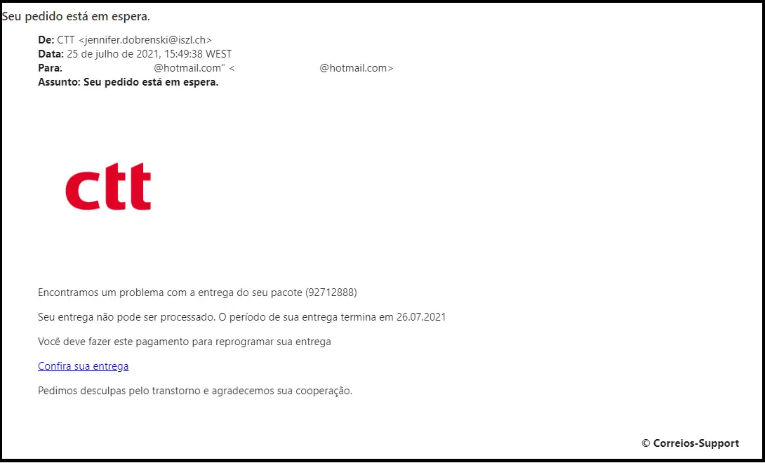BURLA | Cuidado com e-mails falsos dos CTT para desalfandegar encomendas