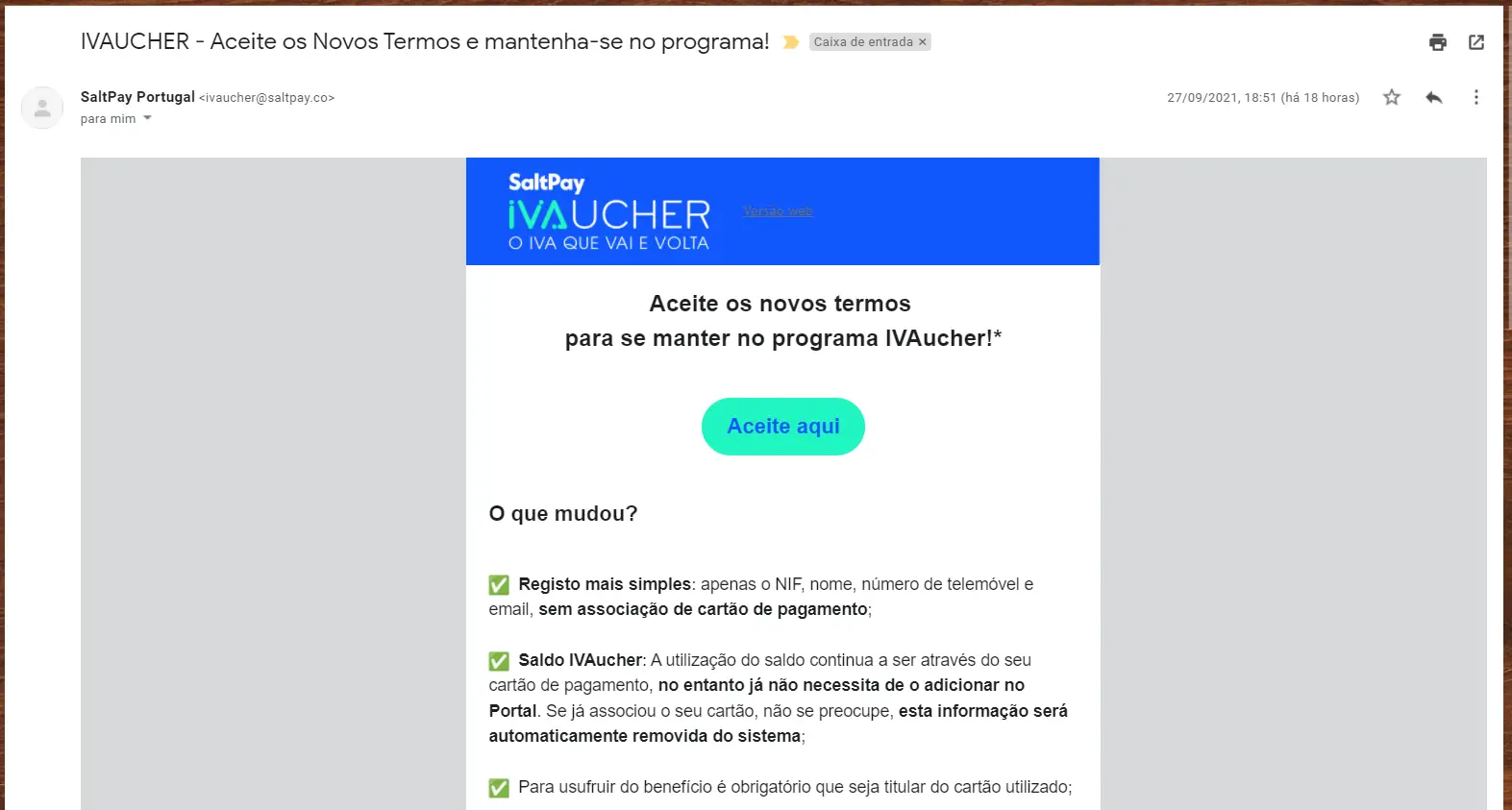 O e-mail da SALT Pay sobre o IVAucher NÃO é falso e tem de o aceitar para usar o saldo