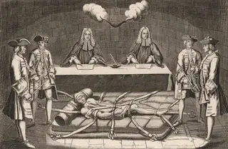 Sentença. O tribunal francês e o réu Damien, que atentou contra a vida do rei Luís XV e terá assassinado um antigo patrão, conde, com um clister de água-forte, numa gravura da época 