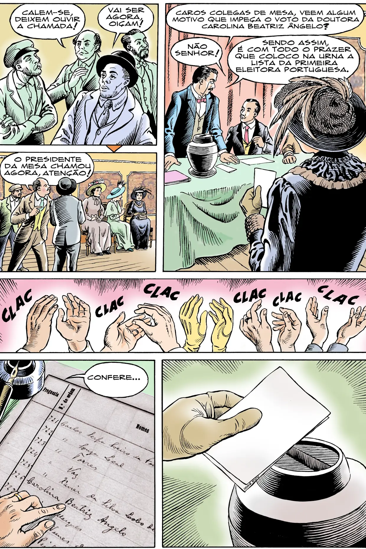 Página do álbum de Banda Desenhada sobre a vida de Carolina Beatriz Ângelo, da autoria do Mestre José Ruy