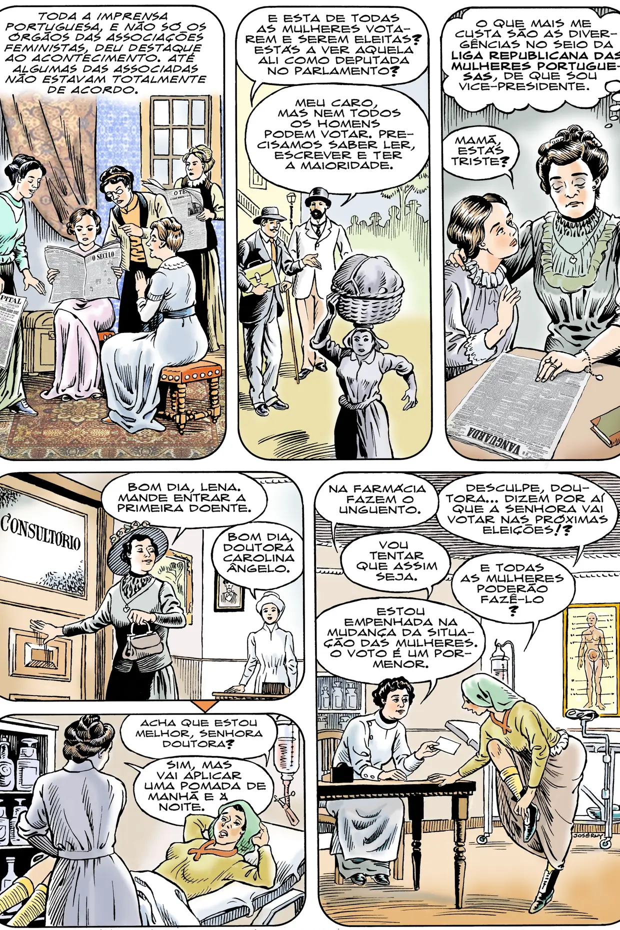 Outra página do álbum de Banda Desenhada sobre a vida de Carolina Beatriz Ângelo, da autoria do Mestre José Ruy