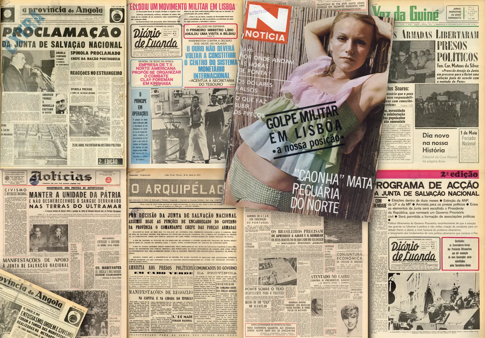 Primeiras páginas de jornais e revistas de Angola, Cabo Verde, Guiné e Moçambique em abril de 1974