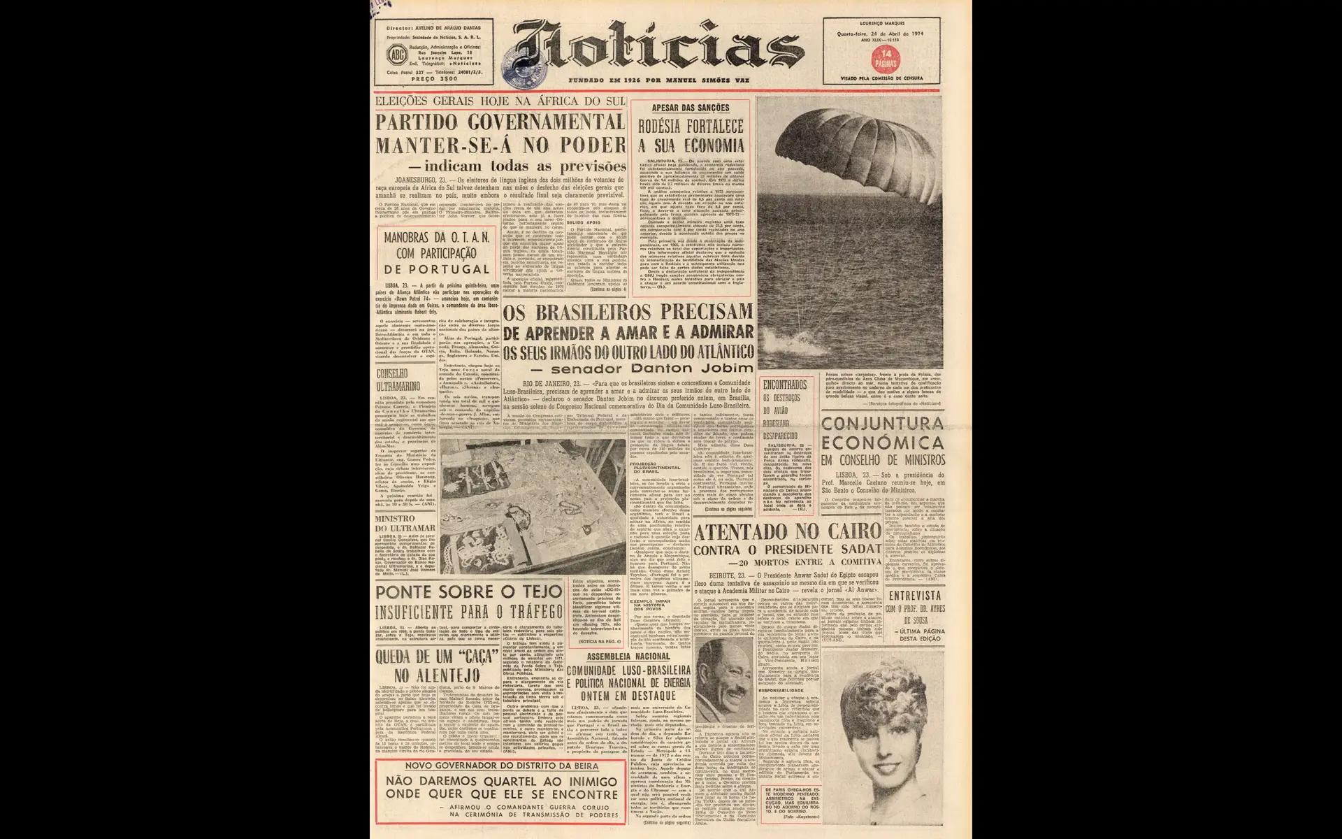 Fundado em 1926, o Notícias de Lourenço Marques de 24 de abril faz manchete com as eleições na vizinha África do Sul e destaca o excesso de trânsito na ponte sobre o Tejo em Lisboa. Também noticia um atentado falhado contra o Presidente do Egito, Anwar Sadat, que viria a ser assassinado a 6 de outubro de 1981
