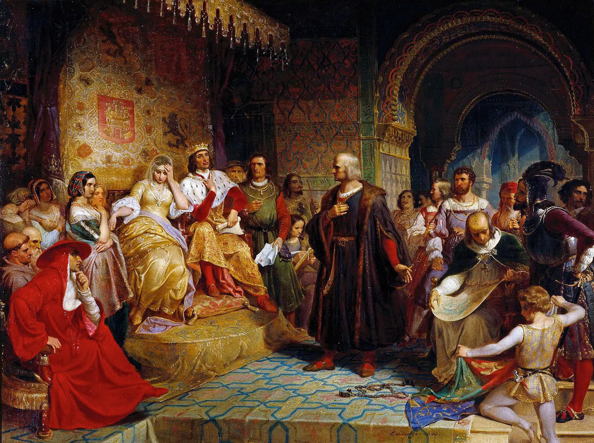 Colombo anuncia aos Reis Católicos de Espanha, Fernando e Isabel, a descoberta da América (quadro de Emanuel Leutze, 1843)