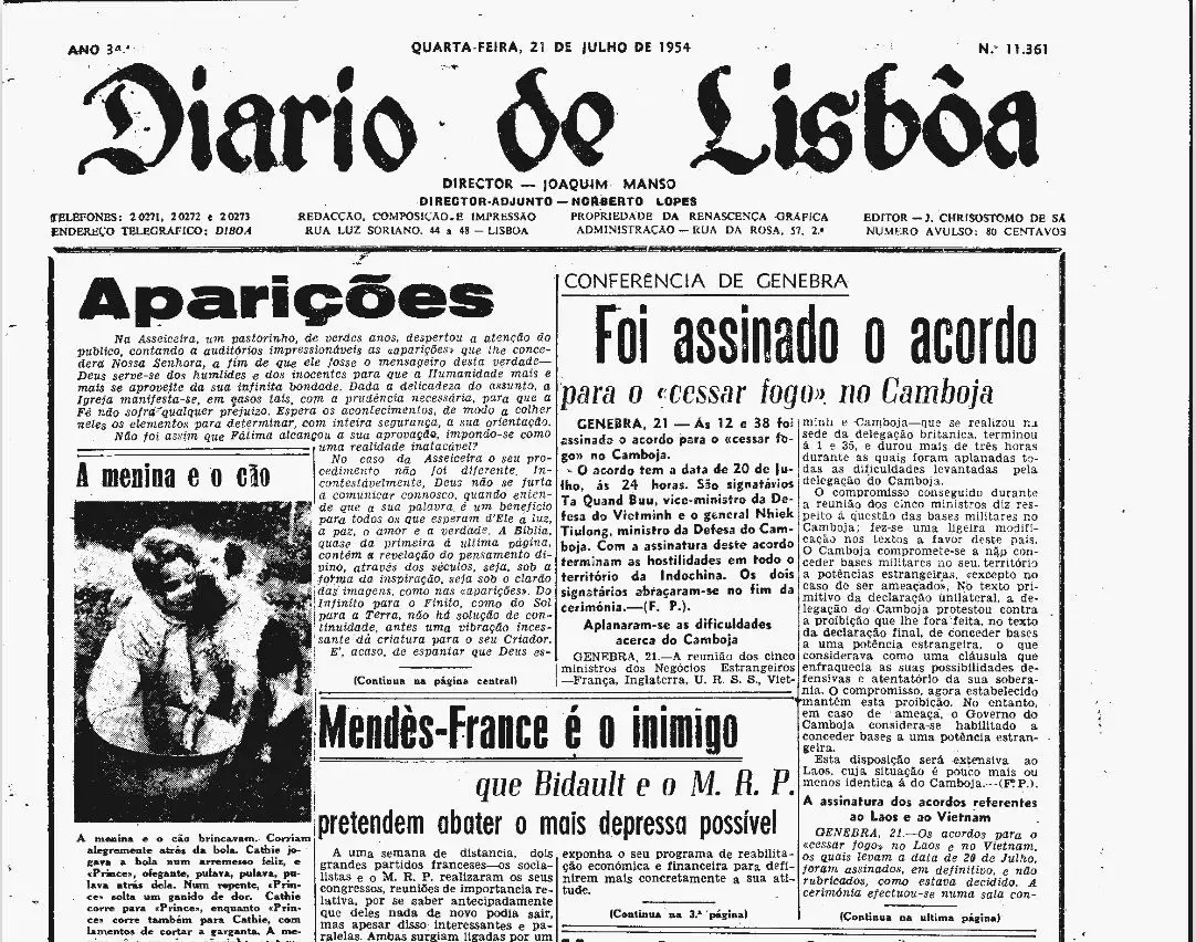 A manchete do Diário de Lisboa de 21 de julho de 1954 é sobre as aparições da Asseiceira