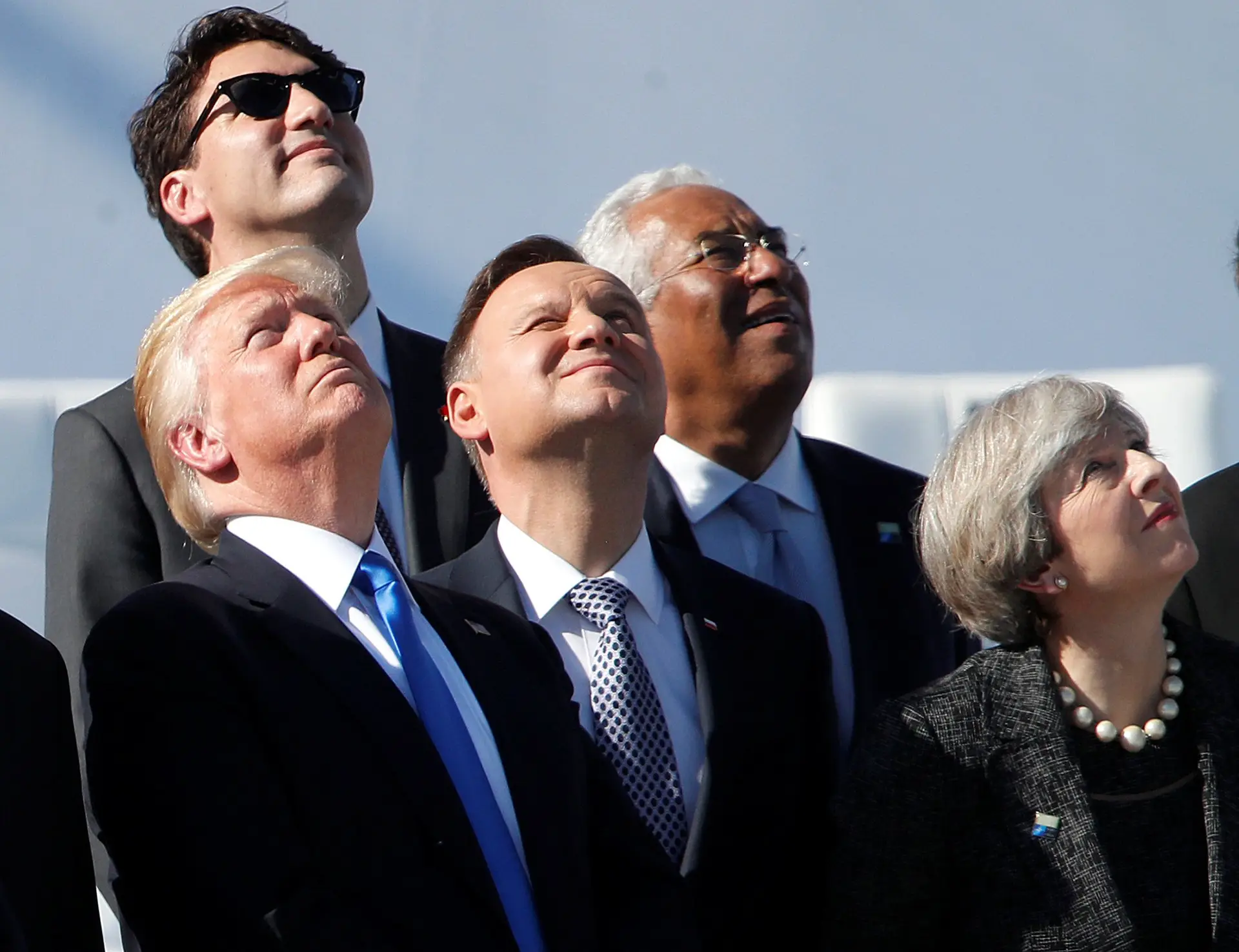 Donald Trump, presidente dos EUA, com o primeiro-ministro António Costa, Theresa May, primeira-ministra do Reino Unido, e Justin Trudeau, primeiro-ministro do Canadá