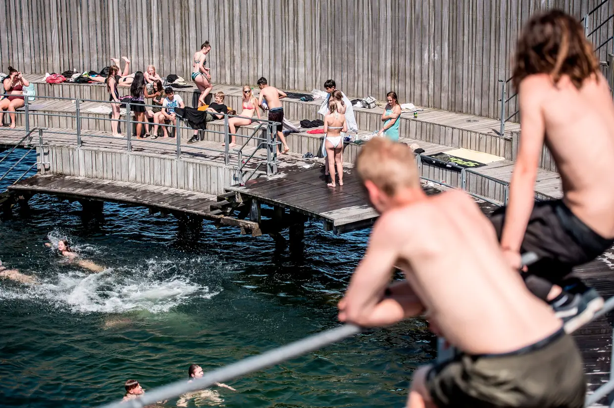 Mergulhos para a água na cidade costeira de Kastrup, nos arredores de Copenhaga, Dinamarca