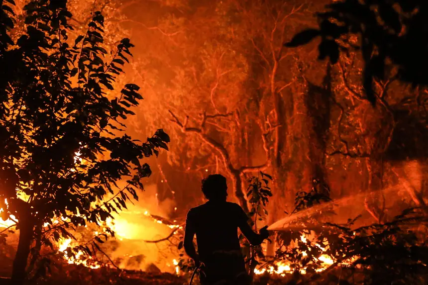 Brandman som ensam försöker släcka skogsbrand