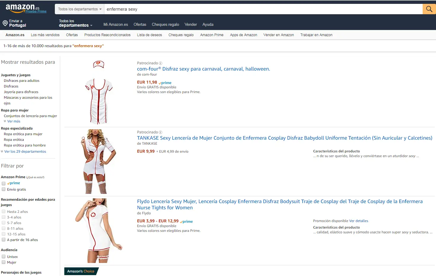 Imagem dos resultados da pesquisa de "Enfermera sexy" na Amazon espanhola