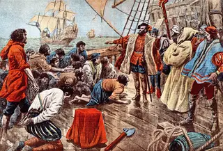 Revolta. Ilustração onde se vê a tripulação de Magalhães a jurar obediência defronte da cruz, após um motim fracassado