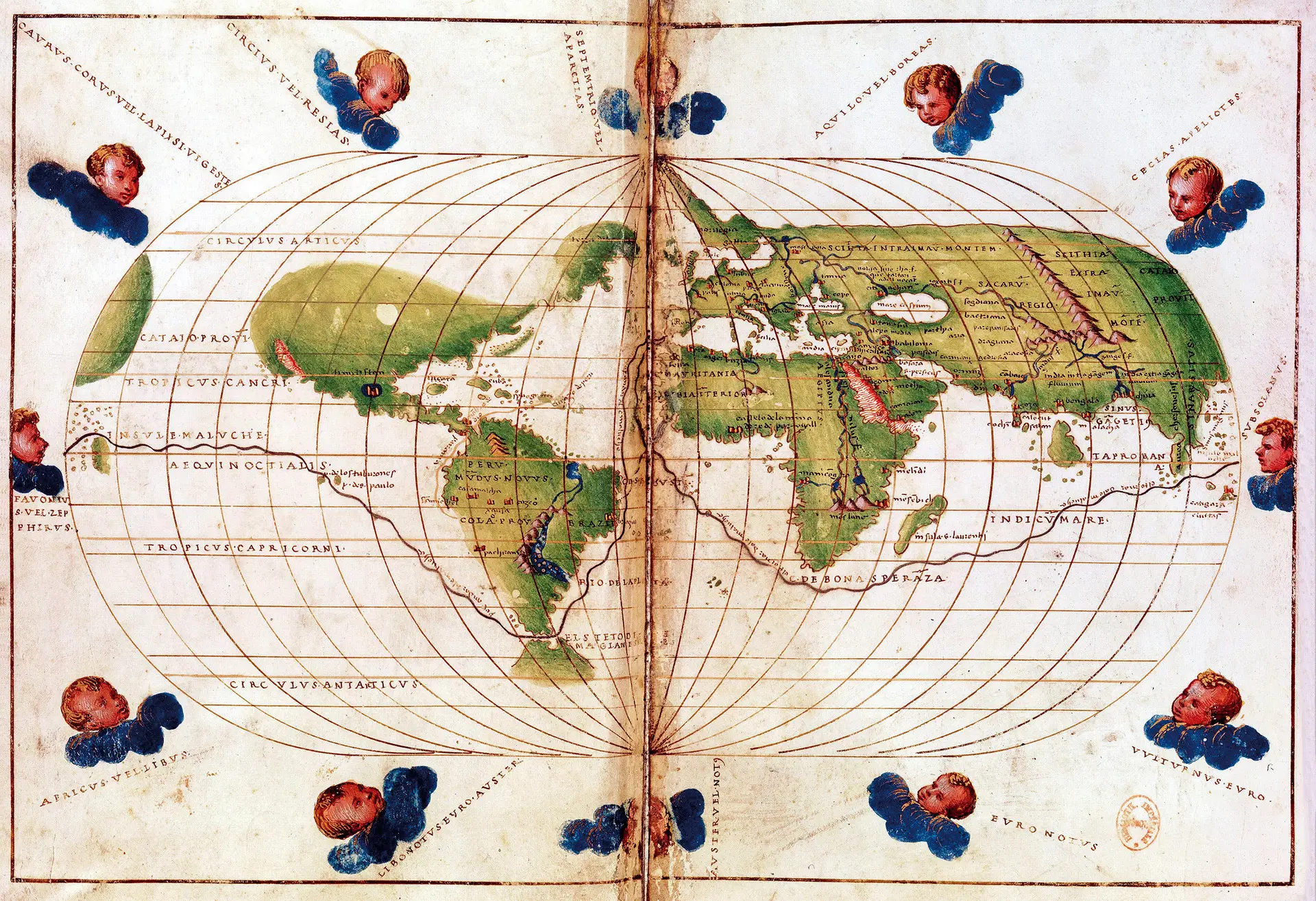 Mapa com a rota da expedição de Fernão de Magalhães (1519-1521) produzido circa 1754 segundo uma projeção de Mercator
