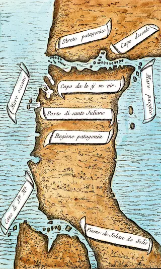 Descoberta Mapa da Patagónia e da Terra do Fogo, onde se vê o estreito que tomaria o nome de Magalhães, segundo o relato de Antonio Pigafetta (1492-1531)DEAGOSTINI/GETTY IMAGES