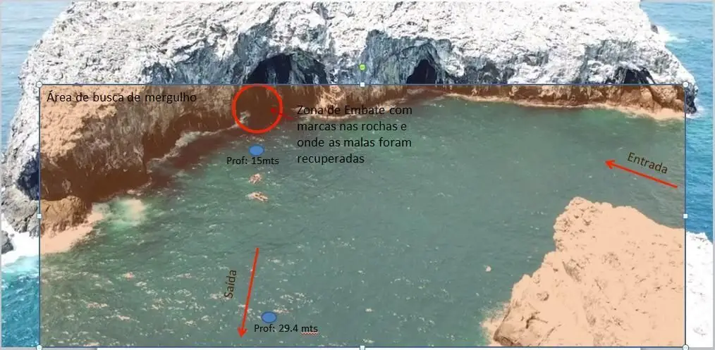 Imagem cedida pelo Estado-Maior General das Forças Armadas (EMGFA) que ilustra o local onde o navio encalhou, junto ao ilhéu da Tinhosa Grande, a sul do Príncipe